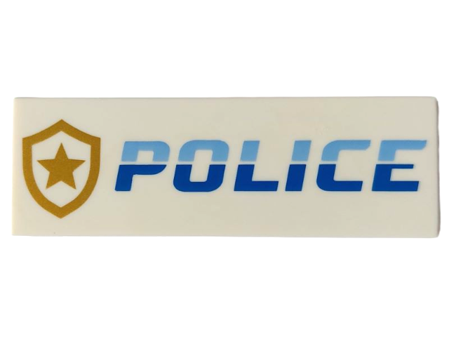 Tile 2 x 6 with Bright Light Blue and Blue 'POLICE' and Gold Star Badge Logo Pattern