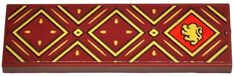 Tile 2 x 6 with Gold Squares and Lines with Black Outlines and HP Gryffindor House Lion on Red Background Pattern (Sticker) - Set 76416