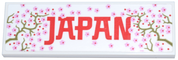 Tile 2 x 6 with Bright Pink Cherry Blossoms, Olive Green Branches, and Red 'JAPAN' Pattern (Sticker) - Set 40713