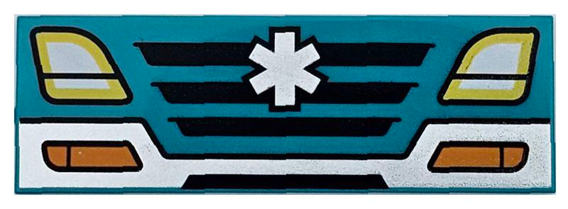 Tile 2 x 6 with White Bumper and EMT Star of Life, Black Grille, Yellow Headlights and Orange Blinkers Pattern