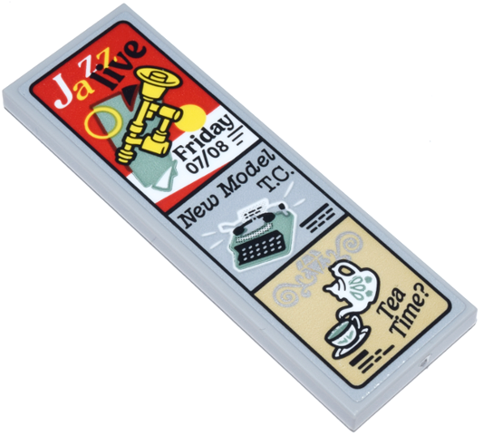 Tile 2 x 6 with Sign with 'Jazz live' and Yellow Trumpet, 'New Model T.C.' and Typewriter, and 'Tea Time?' and White Tea Pot and Cup Pattern (Sticker) - Set 21347