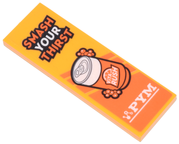 Tile 2 x 6 with Orange and White 'SMASH YOUR THIRST', Can of 'ViTA RUSH' and 'PYM' Logo Pattern (Sticker) - Set 76269