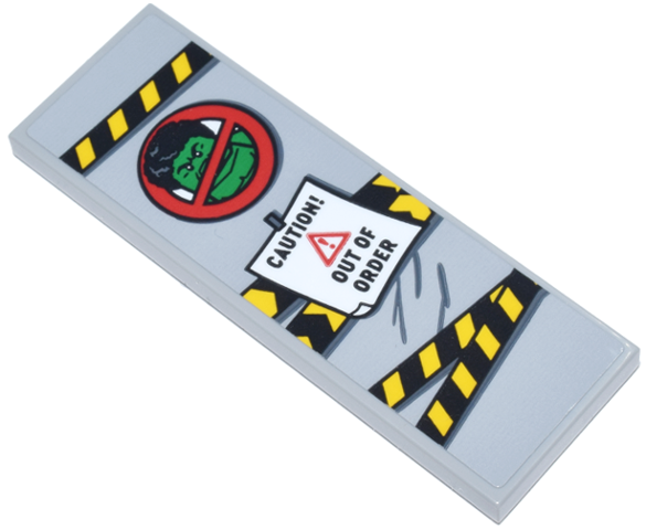Tile 2 x 6 with Black and Yellow Danger Stripes Police Tape, Red and Green No Hulk Allowed, and White 'CAUTION OUT OF ORDER' Sign Pattern (Sticker) - Set 76269