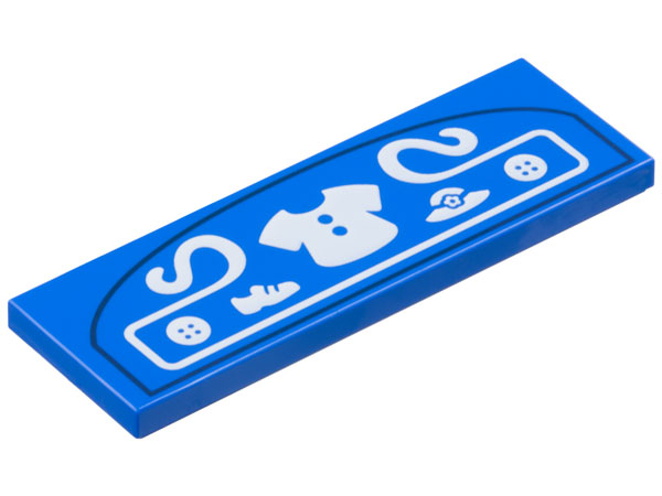 Tile 2 x 6 with Store Sign with White Shirt, Shoe, Hat, Buttons in Filigree and Dark Blue Border Pattern