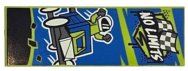 Tile 2 x 6 with White 'NO LIMITS' on Black Banner, Dark Bluish Gray Checkered Flags and Soapbox Race Car with Driver on Blue Background Pattern
