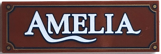 Tile 2 x 6 with Sign with White 'AMELIA' and Dark Blue and Gold Border Pattern