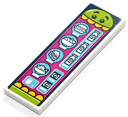 Tile 2 x 6 with Menu with Lime Head with Eyes, Yellow Teeth, Hamburger, Salad, Sandwich, Drinks and Snacks on Medium Azure and Magenta Background Pattern (Sticker) - Set 41731