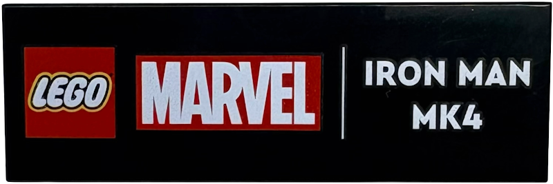 Tile 2 x 6 with Red LEGO Marvel Logo and White 'IRON MAN MK4' Pattern