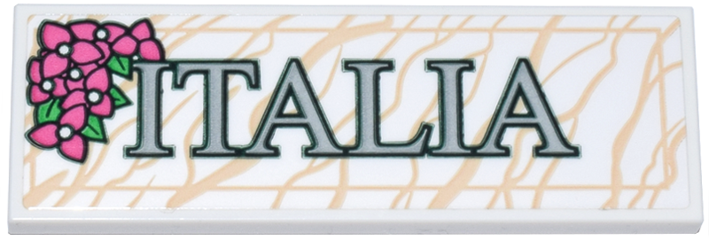 Tile 2 x 6 with Marble Plaque with Tan Veins, Dark Pink Flowers with Leaves and Dark Green and Light Bluish Gray 'ITALIA' Pattern (Sticker) - Set 40818