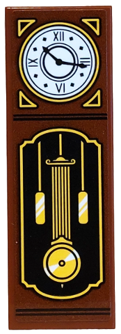 Tile 2 x 6 with Grandfather Clock with White Clock Face, Yellow Chains, Pendulum and Weights Pattern (Sticker) - Set 42654