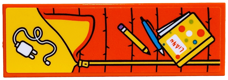 Tile 2 x 6 with Sleeping Bag with Yellow Inside, Zipper, Pencil and Diary 'LIANN', Dark Azure Pen, White Adapter Pattern (Sticker) - Set 42654