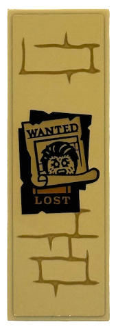 Tile 2 x 6 with Brick Wall with Dark Tan Mortar and Posters with Black 'WANTED' Fenrir Greyback and Medium Nougat 'LOST' Pattern (Sticker) - Set 76450