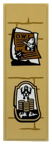Tile 2 x 6 with Brick Wall with Dark Tan Mortar, Medium Nougat and White Posters with Black 'O.W.L' / Owl and Gringotts Bank Pattern (Sticker) - Set 76450