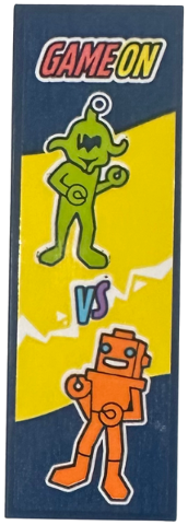 Tile 2 x 6 with Arcade Video Game Side Panel with Lime Alien 'vs' Orange Robot and 'GAME ON' on Yellow Background Pattern (Sticker) - Set 42674
