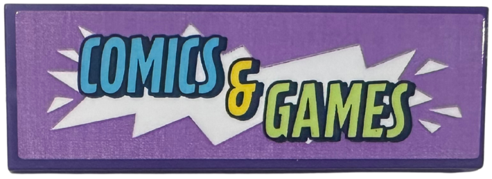 Tile 2 x 6 with Medium Azure, Yellow and Yellowish Green 'COMICS & GAMES' on White and Medium Lavender Background Pattern (Sticker) - Set 42674
