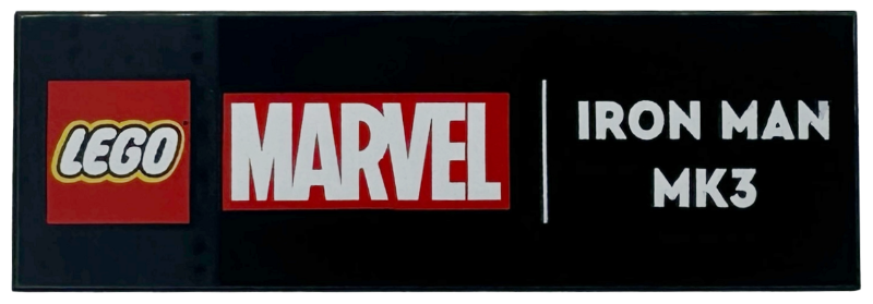 Tile 2 x 6 with Red LEGO Marvel Logo and White 'IRON MAN MK3' Pattern