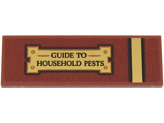 Tile 2 x 6 with Gold Stripe and Book Label with Dark Brown 'GUIDE TO HOUSEHOLD PESTS' Pattern (Sticker) - Set 76461