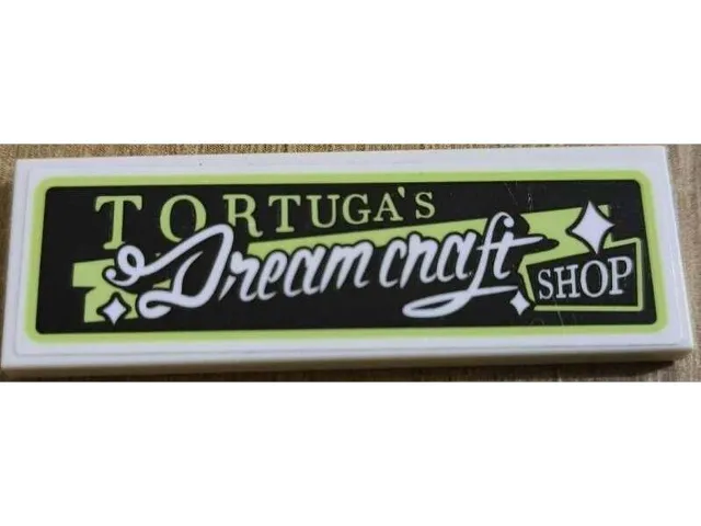 Tile 2 x 6 with Yellowish Green 'TORTUGA'S Dream craft SHOP' on Black Background Pattern (Sticker) - Set 71456