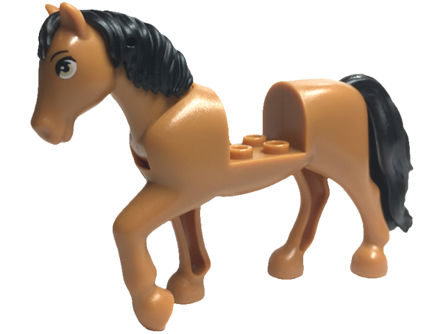 Horse, Friends Style with 2 x 2 Cutout and Movable Neck with Fixed Flexible Rubber Black Tail and Mane with Tan Eyes, Black Eyebrows Pattern (Spring)