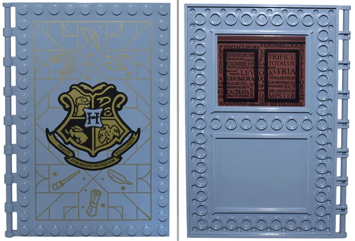 Tile, Modified 10 x 16 with Studs on Edges and Bar Handles with Hogwarts Charms Class and Spells and Latin Words on Reddish Brown Background Pattern on Inside (Sticker) - Set 76385