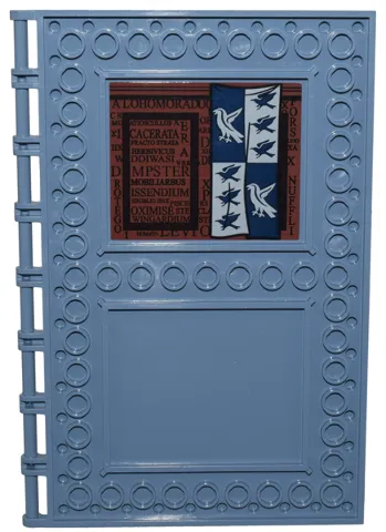 Tile, Modified 10 x 16 with Studs on Edges and Bar Handles with Ravenclaw Flag, Spells and Latin Words on Reddish Brown Background Pattern on Inside (Sticker) - Set 76385