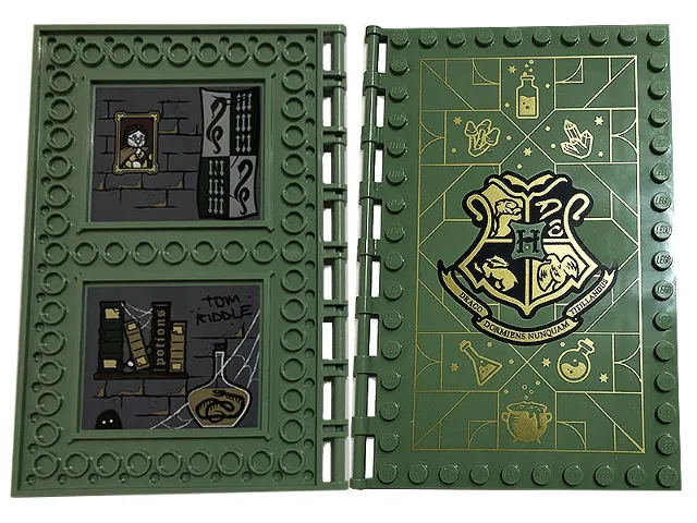 Tile, Modified 10 x 16 with Studs on Edges and Bar Handles with Hogwarts Potions Class with Black 'TOM RIDDLE', Books, 'Potions', Wooden Shelf, Portrait, Cobwebs and Flag of Slytherin Pattern on Inside (Stickers) - Set 76383