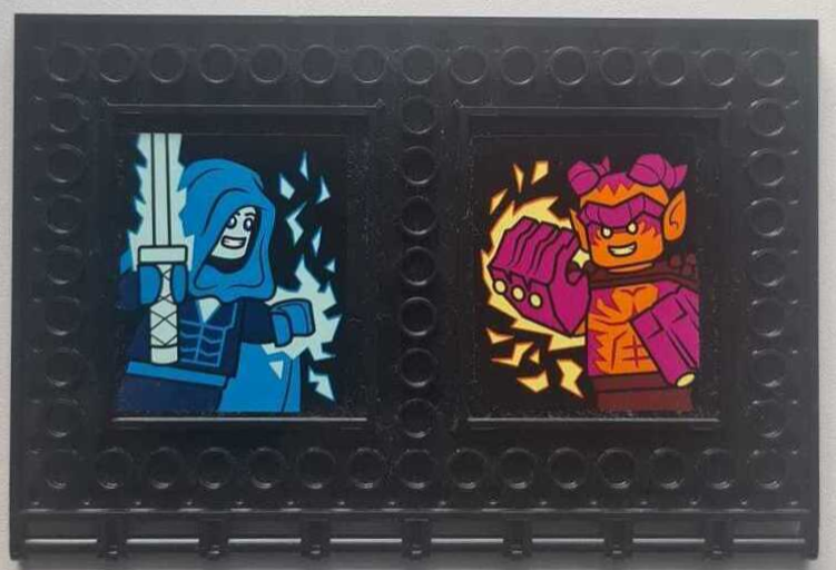 Tile, Modified 10 x 16 with Studs on Edges and Bar Handles with Dark Blue and Dark Azure Video Game Minifigure with Light Aqua Katana and Ice, and Magenta, Reddish Brown and Orange Minifigure with Gorilla Fist Hands and Bright Light Yellow Fire Pattern (Stickers) - Set 60388
