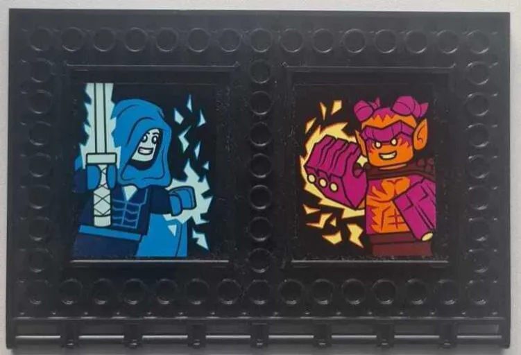 Tile, Modified 10 x 16 with Studs on Edges and Bar Handles with Dark Blue and Dark Azure Video Game Minifigure with Light Aqua Katana and Ice, and Magenta, Reddish Brown and Orange Minifigure with Gorilla Fist Hands and Bright Light Yellow Fire Pattern (Stickers) - Set 60388