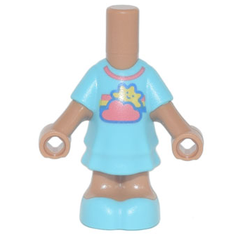 Micro Doll, Body with Molded Medium Azure Short Layered Dress and Shoes and Printed Coral Cloud and Collar, Yellow Sun with Face, and Rainbow Pattern