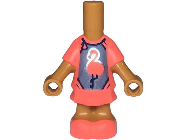 Micro Doll, Body with Molded Coral Short Layered Dress and Shoes and Printed Sand Blue Swimsuit with Flamingo and Metallic Light Blue Spots Pattern