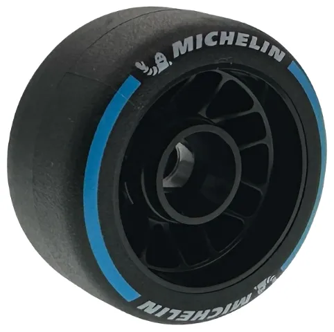 Wheel 24 x 13.4 with Pin Hole with Molded Black Hard Rubber Tire with Smooth Surface and Printed White Michelin Logo and Dark Azure Arcs Pattern