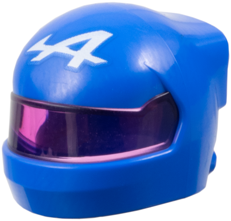 Minifigure, Headgear Helmet Formula 1 with Molded Trans-Dark Pink Visor and Printed Alpine Logo Stylized White Capital Letter A Pattern