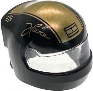 Minifigure, Headgear Helmet Formula 1 with Molded Trans-Clear Visor and Printed Gold Stripe, 'Pearce' Signature and Dots Pattern