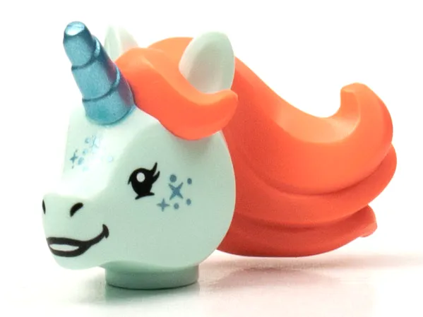 Minifigure, Head, Modified Unicorn with Molded Coral Mane and Printed Metallic Light Blue Horn and Freckles Pattern