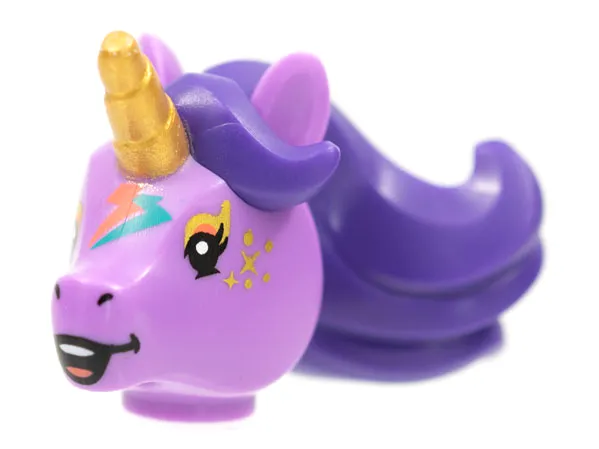 Minifigure, Head, Modified Unicorn with Molded Dark Purple Mane and Printed Gold Horn, Freckles, and Dark Turquoise and Coral Lightning Bolts Pattern