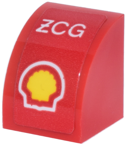 Slope, Curved 1 x 1 with White 'XCG' and Yellow Shell Logo Pattern (Sticker) - Set 77242