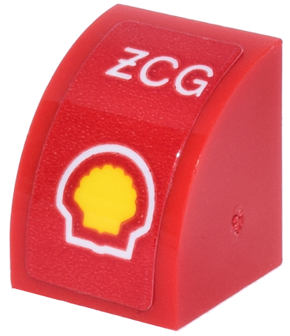 Slope, Curved 1 x 1 with White 'XCG' and Yellow Shell Logo Pattern (Sticker) - Set 77242