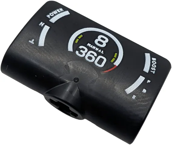Technic, Panel Curved 2 x 3 x 1 with Speedometer, White Number 8, 'MANUAL', '360', 'POWER' and 'BOOST', Red and Lime Lines Pattern