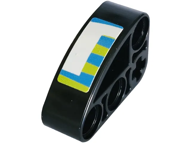Technic, Liftarm, Modified L-Shape Quarter Ellipse Thick 2 x 3 with Dark Azure and Lime Stripes and White Partial Letter m Pattern (Sticker) - Set 42240