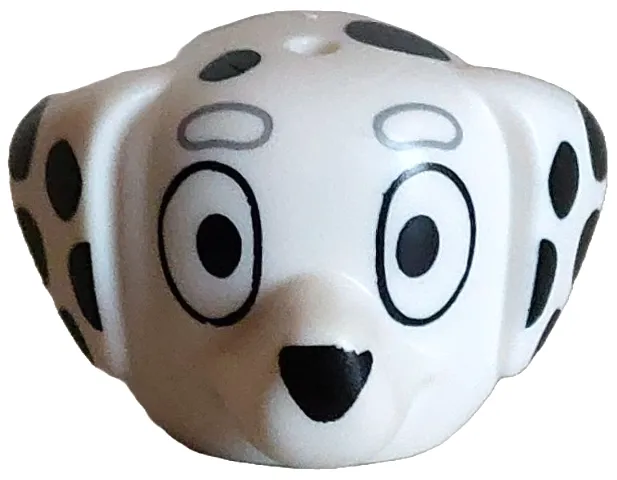 Minifigure, Head, Modified Dog (Dalmatian) with Pointed Ears, Hole on Top with Black Eyes, Nose and Spots, Light Bluish Gray Eyebrows Pattern