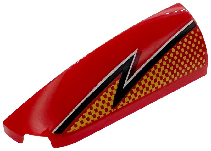 Slope, Curved 4 x 1 Left with Bright Light Orange Checkered Lightning Bolt with Black and White Zigzag Stripe Pattern