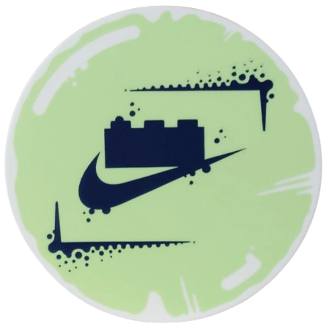 Tile, Round 6 x 6 with Dark Blue NIKE Swoosh Logo, 1 x 3 Brick and Corner Lines with Spots on Yellowish Green Background Pattern