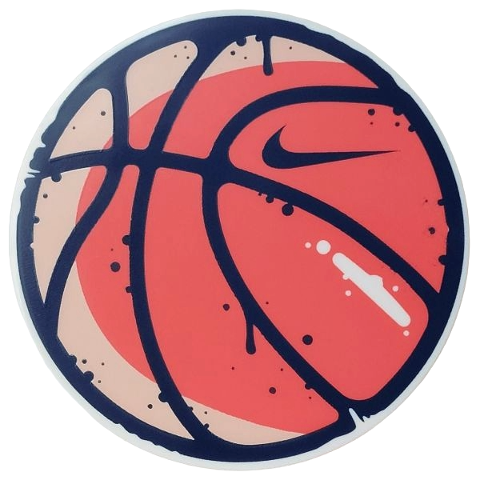Tile, Round 6 x 6 with Coral and Light Nougat Basketball, Dark Blue Grid, Nike Swoosh Logo and Spots Pattern