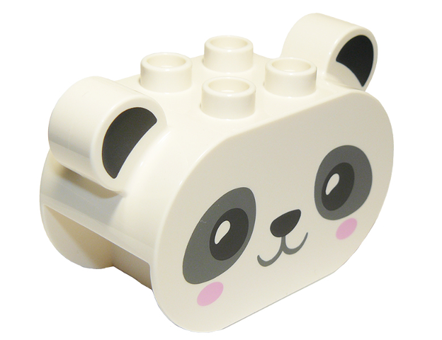 Duplo, Brick 2 x 4 x 2 1/2 Rounded Ends, Ears on Sides with Black Auricles, Eyes, and Nose, Dark Bluish Gray Mouth and Eye Patches, and Bright Pink Cheeks, Panda Bear Head Pattern