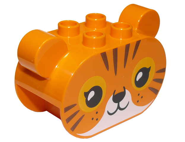 Duplo, Brick 2 x 4 x 2 1/2 Rounded Ends, Ears on Sides with Black Eyes, Nose, and Mouth, Bright Light Orange Eye Patches, Reddish Brown Stripes, and White Muzzle, Tiger Head Pattern