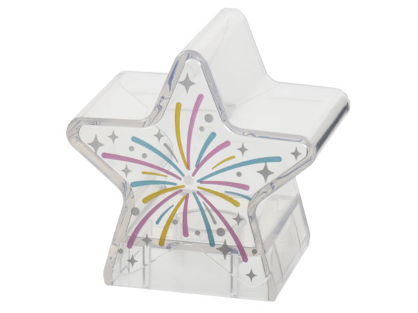 Duplo, Brick 2 x 2 x 2 1/2 Star with Firework Explosion with Gold, Metallic Light Blue, and Metallic Pink Lines, Silver Sparkles and Dots Pattern