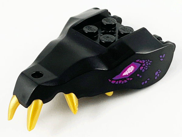 Dragon Head (Ninjago) Jaw with 2 Bar Handles on Back with Molded Gold Teeth, Magenta and Dark Purple Eyes and Scales Pattern