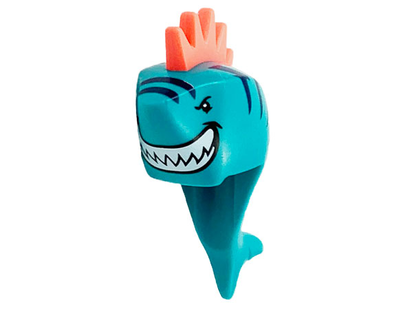 Minifigure, Head, Modified Shark with Coral Spiked Hair, Fin, Tail, Dark Blue Stripes and Wide Grin with Teeth Pattern