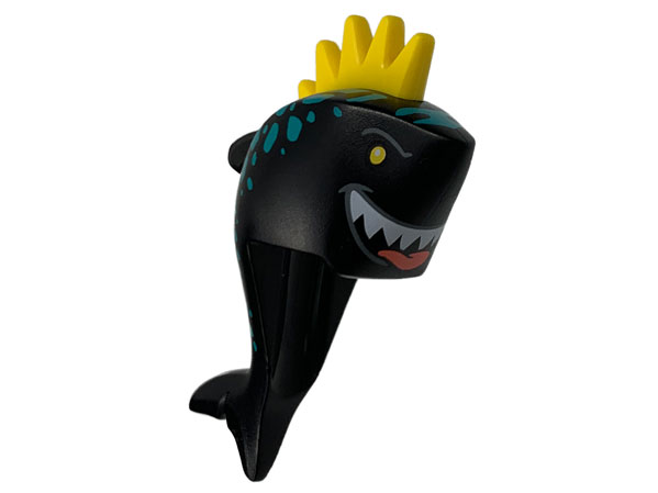 Minifigure, Head, Modified Shark with Yellow Spiked Hair, Fin, Tail, Dark Turquoise Spots and Wide Grin with Teeth, Coral Tongue Pattern