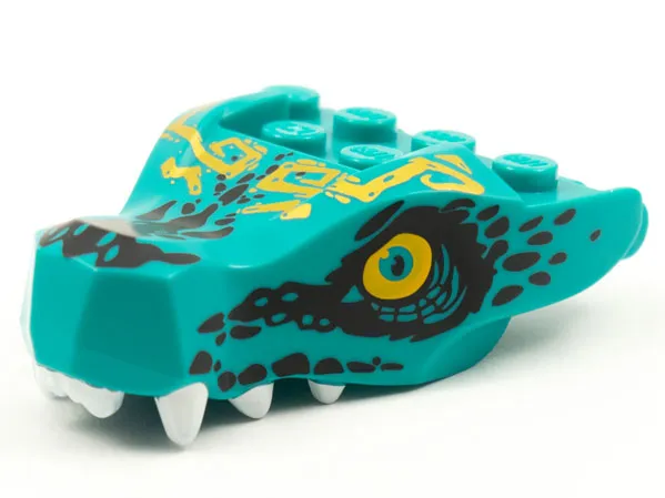 Dragon Head (Ninjago) Jaw with 2 Bar Handles on Back with Bright Light Orange Eyes, Gold Tribal Tattoos, Black Scales, and White Teeth Pattern